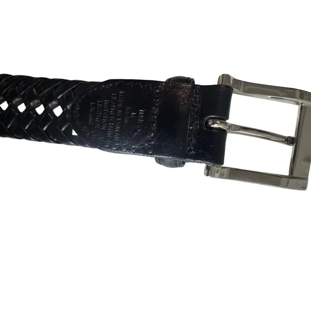 Classic Belt Mens M 34-36 Black Woven Braided Silver Tone Hardware Leather Trim
